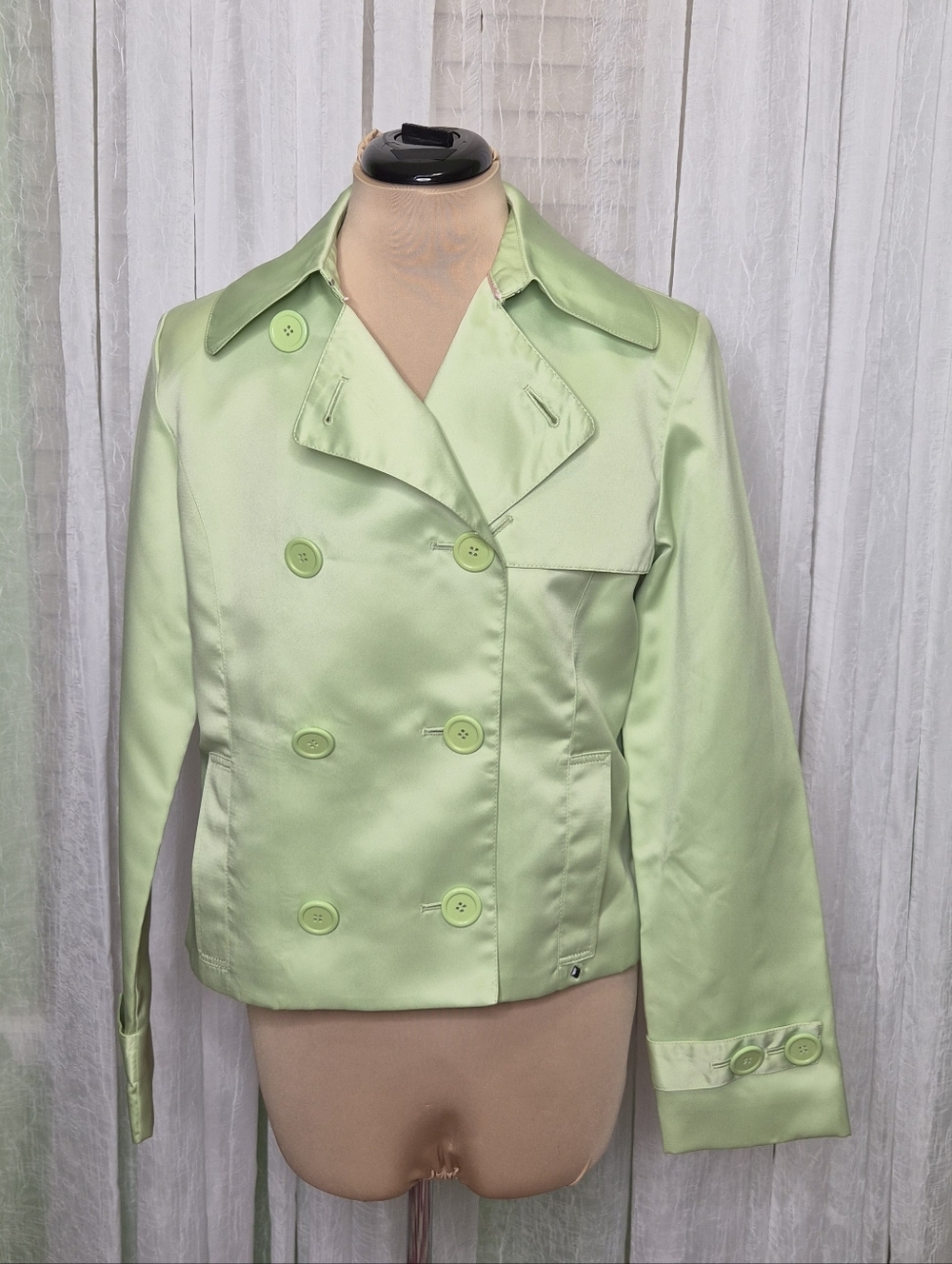 Black Rivet Satin cropped Trench Jacket Pistachio Matcha Green Size Medium